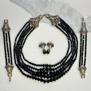 Rare Heidi Daus Age of Elegance Black Crystal 5-string Jewelry Set
